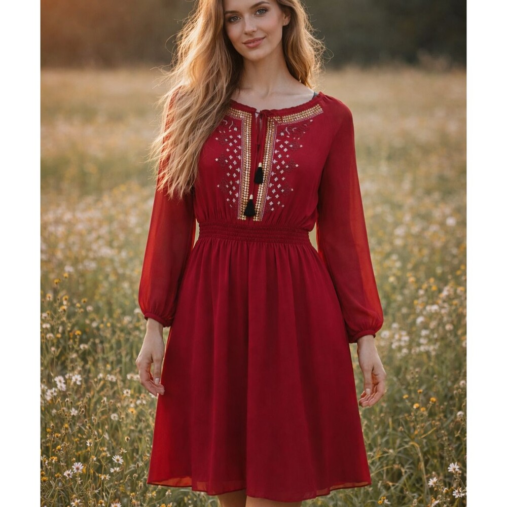 Altuzarra Target Embroidered Dress 2 Red Chiffon Romantic Gypsy Boho Peasant